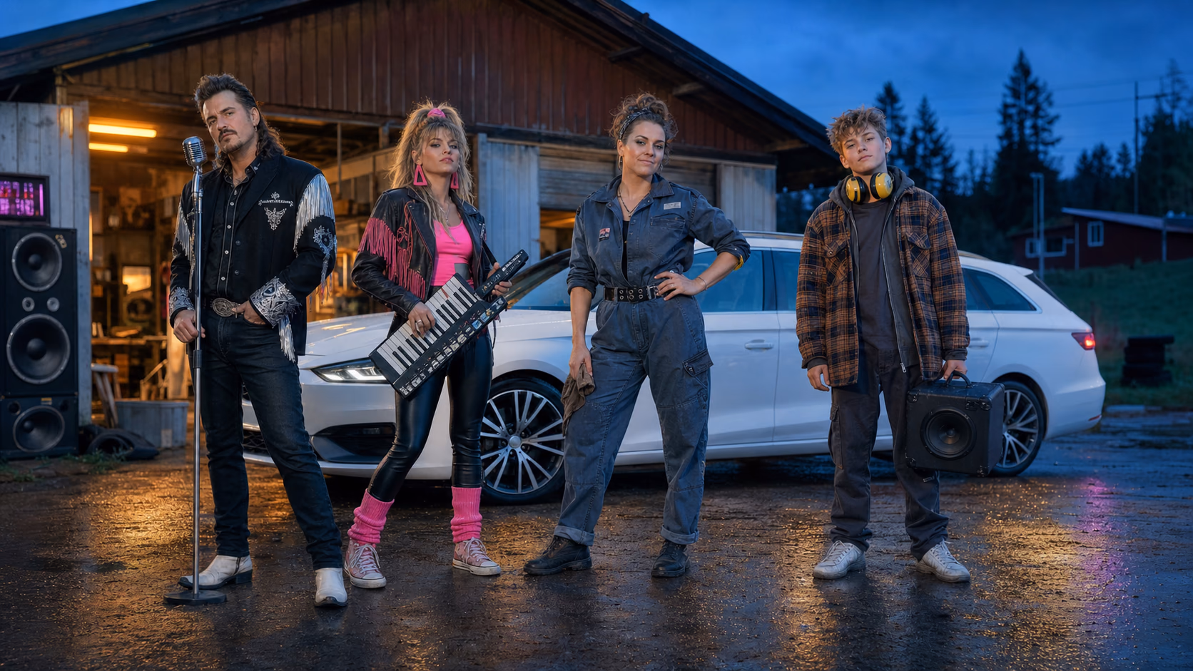 Neon Ronny, Lady Laser, Turbo-Tanya, Diesel-Daniel og den hvite bilen Skodette