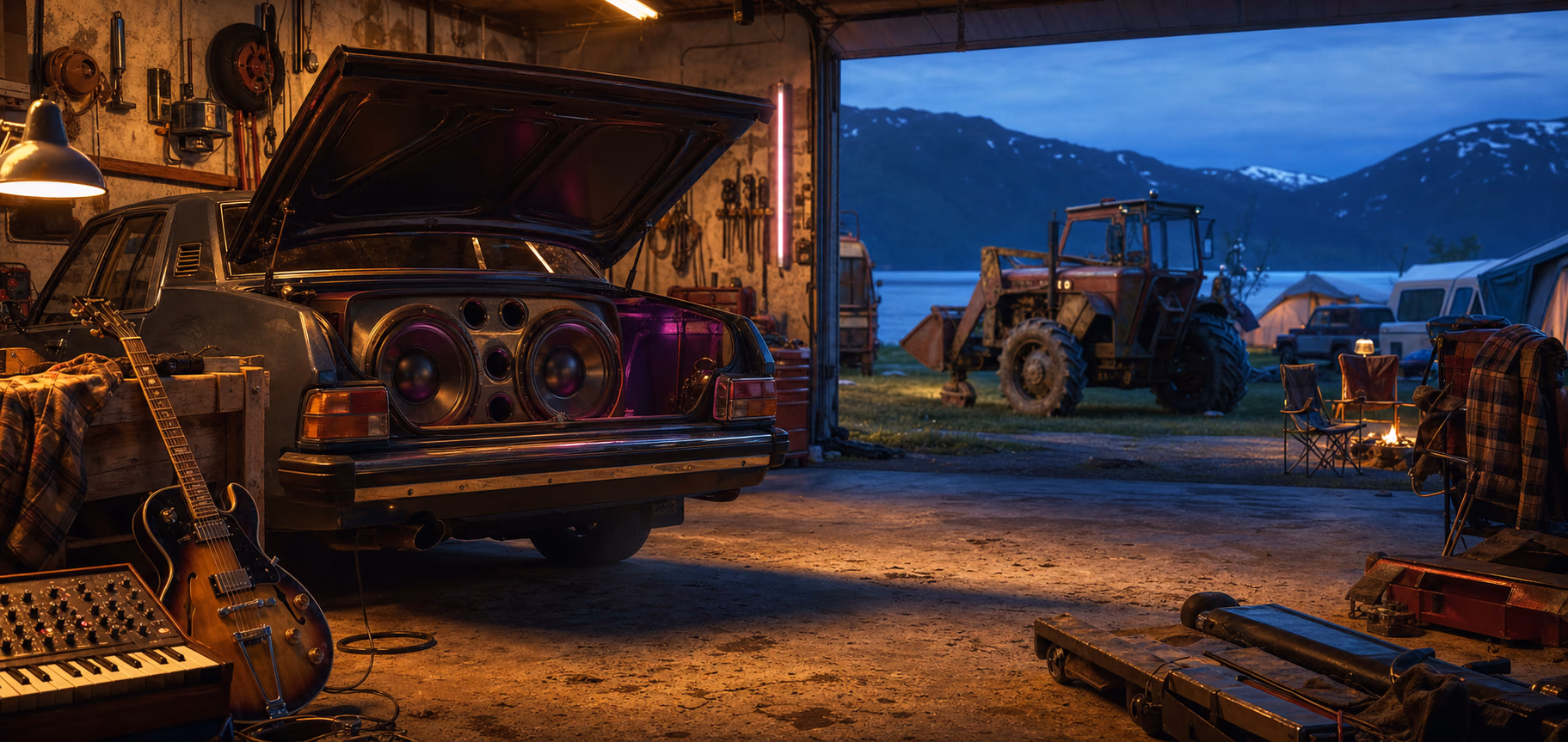 Bil med lydanlegg, instrumenter og traktor i et norsk garasje- og campingmiljø